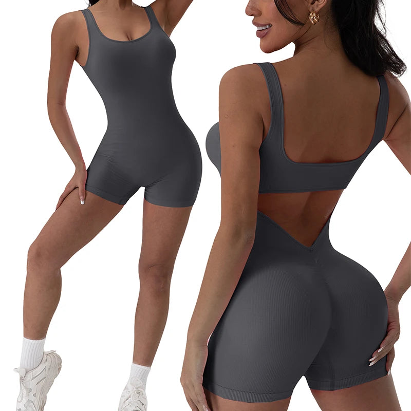 Backless Yoga Jumpsuit – Stretch U-Neck Sports Bodysuit Leggings